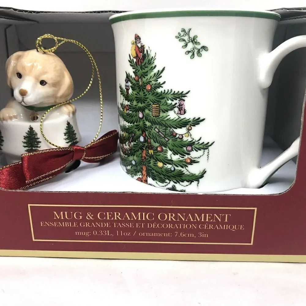NEW Spode Christmas Tree Holiday Mug and Ceramic Puppy in Boot Ornament Set - Picture 2 of 7